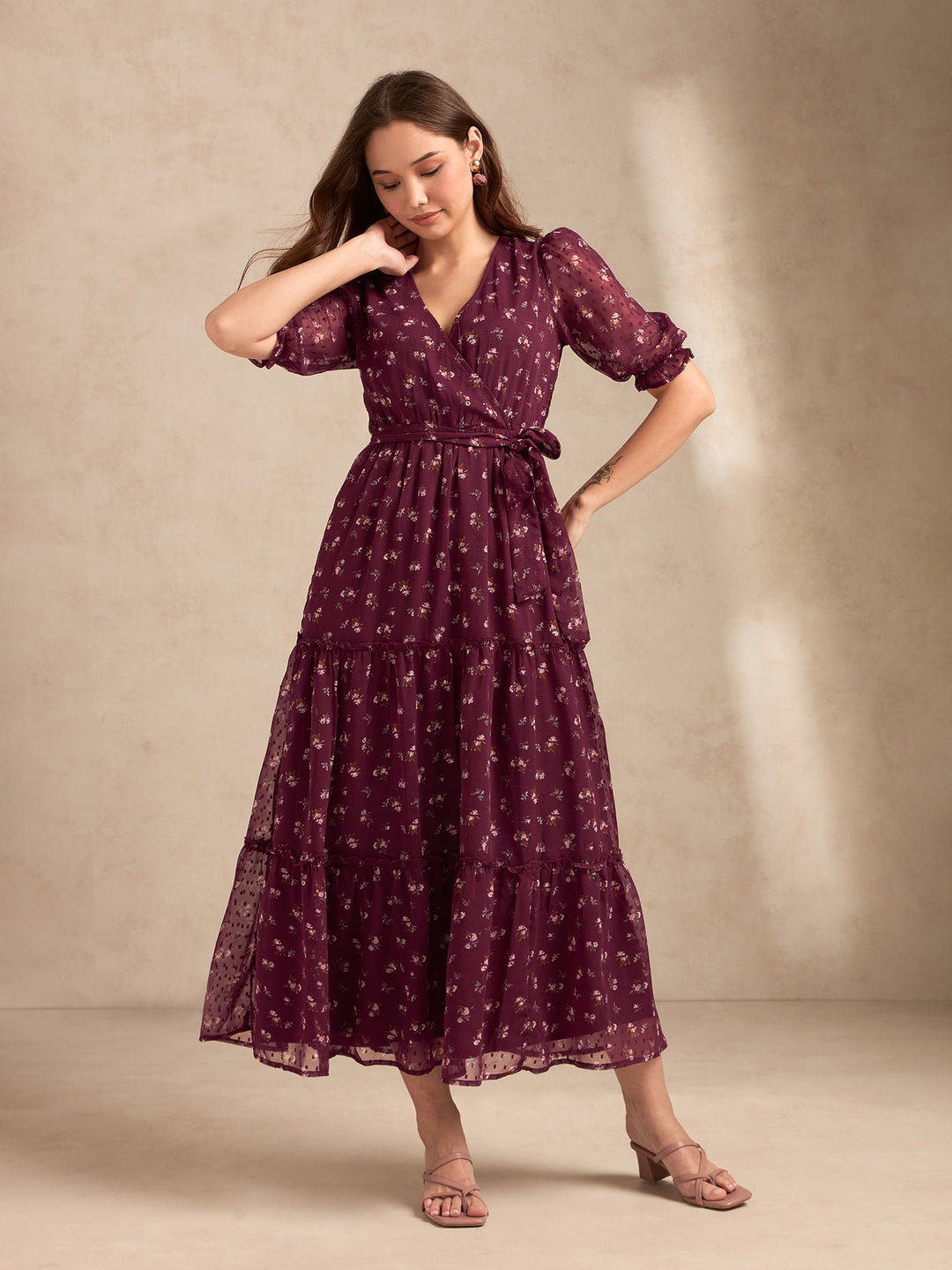 Maroon Printed Maxi Wrap Tiered Dress