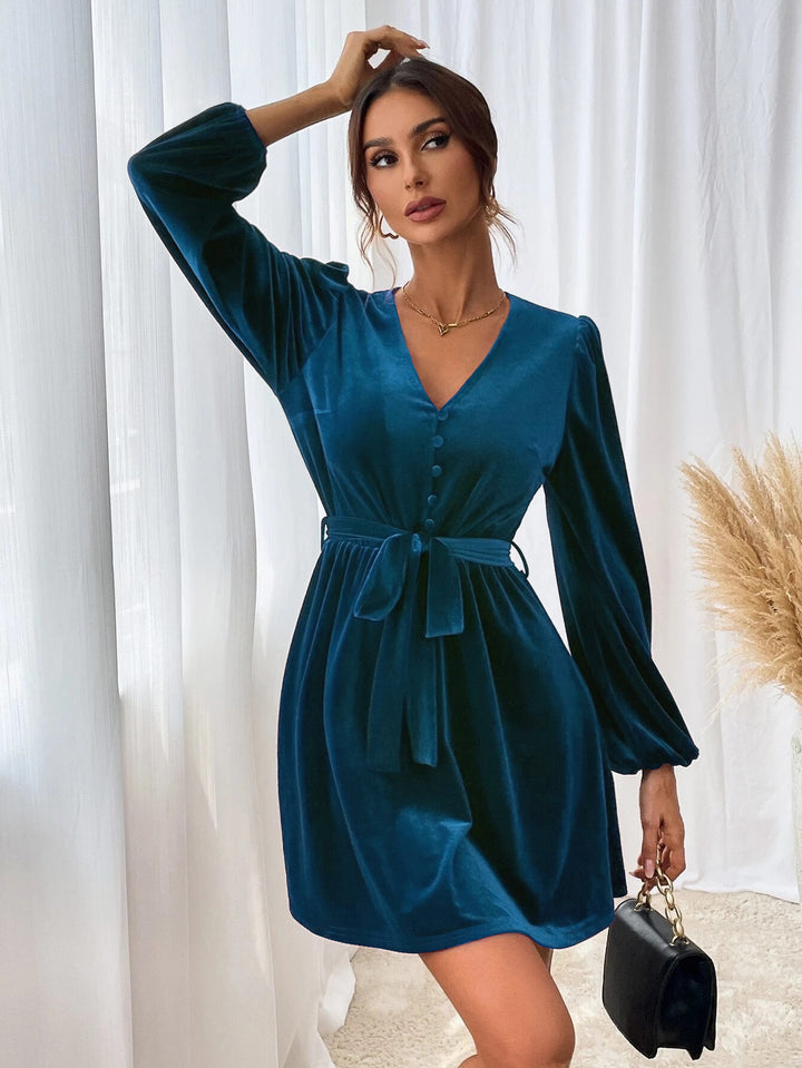 Blue Bishop Sleeve Front Tie-Up Dress