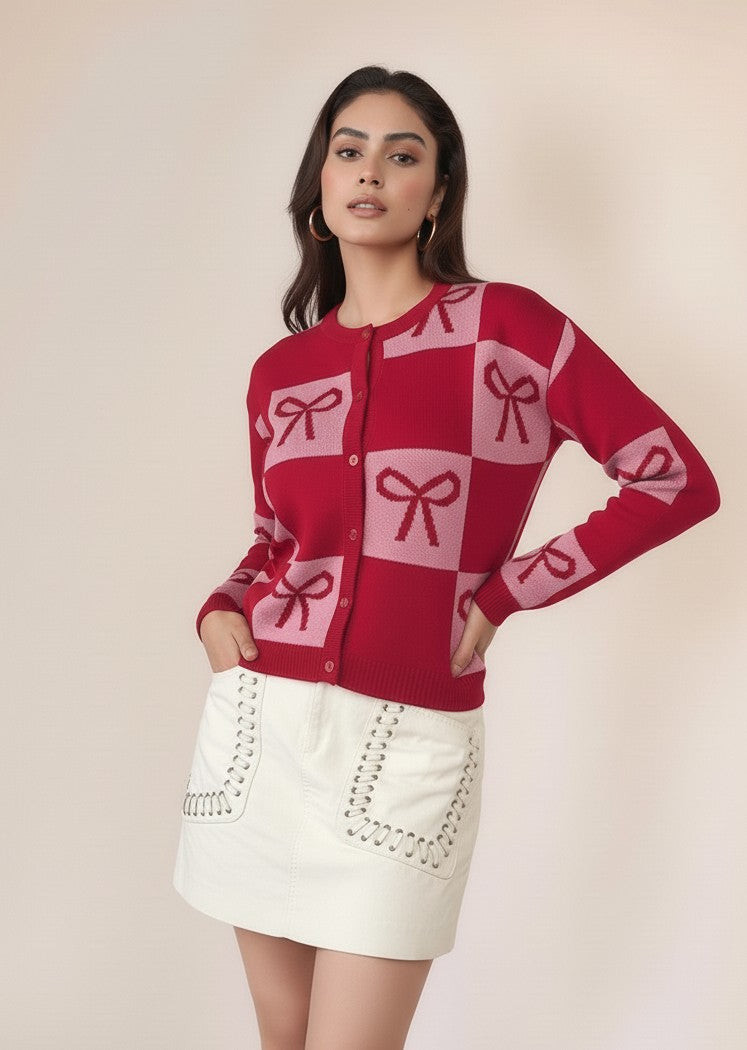 Red Colour Blocked Check With Graphic Bows Cardigan