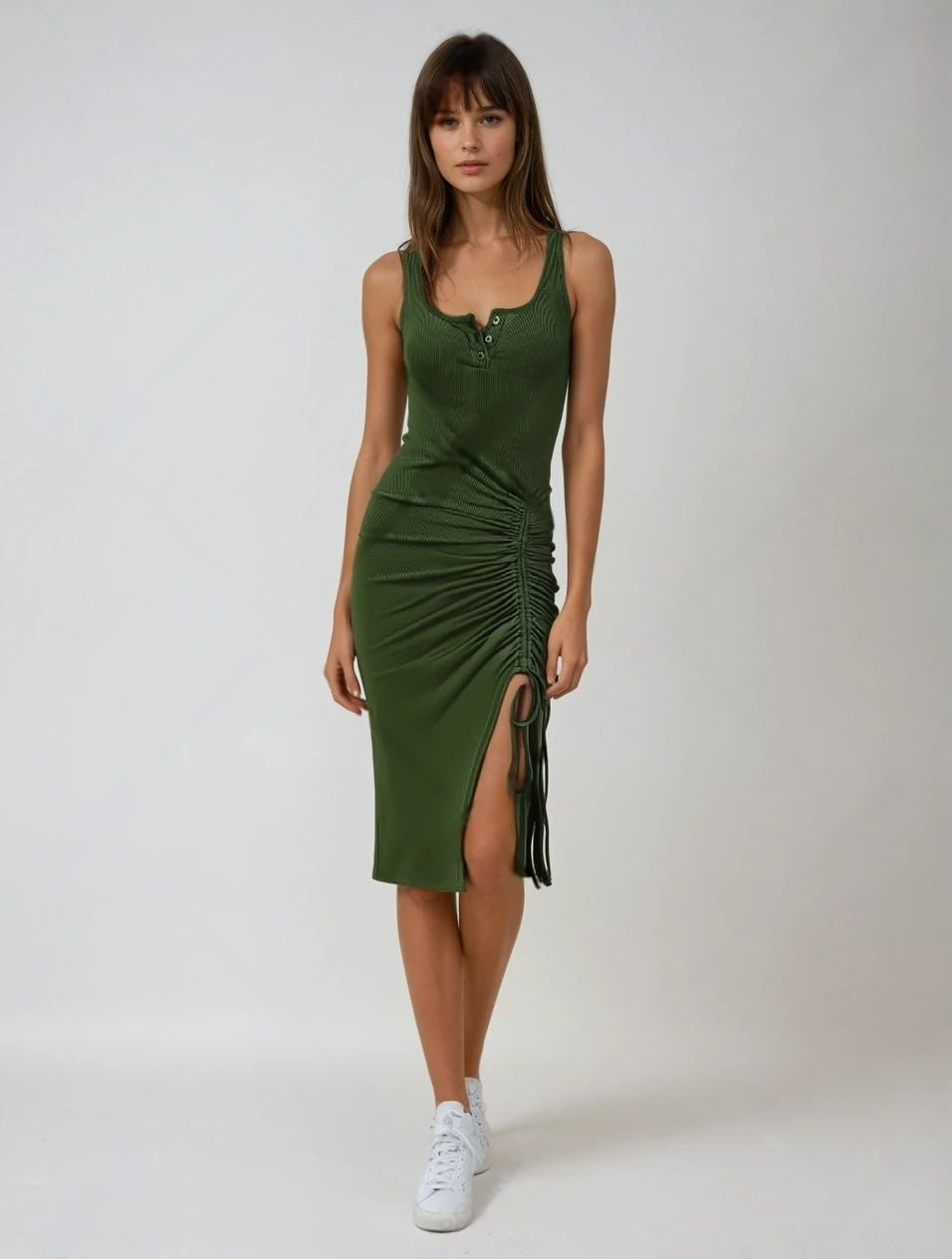 Olive Rib Dress With Side Rouched Slit