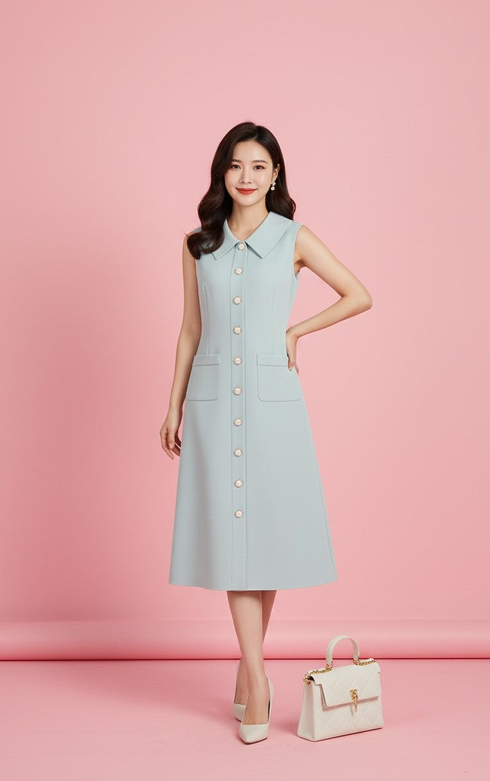 Mint Green Sleeveless Collared Front Buttoned Dress
