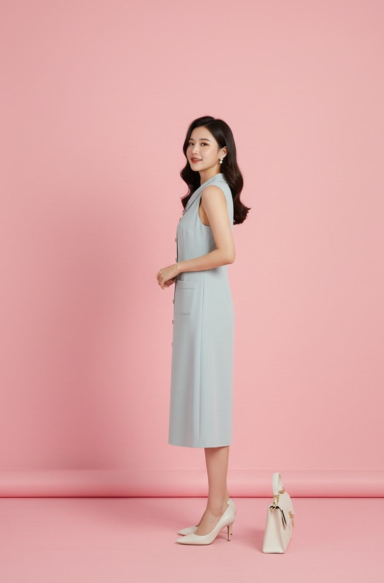 Mint Green Sleeveless Collared Front Buttoned Dress