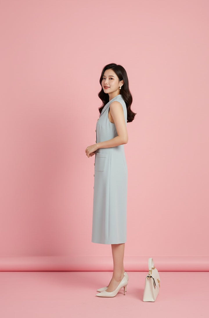 Mint Green Sleeveless Collared Front Buttoned Dress
