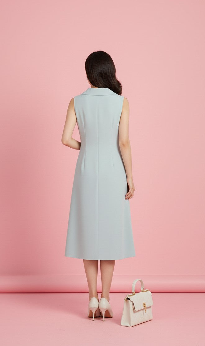 Mint Green Sleeveless Collared Front Buttoned Dress