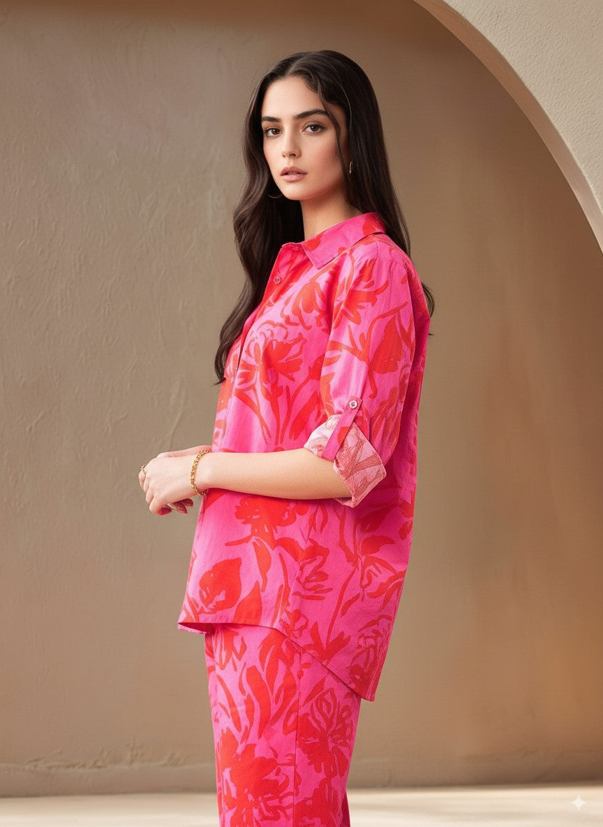 Magenta Folded Sleeve Collared Printed Shirt