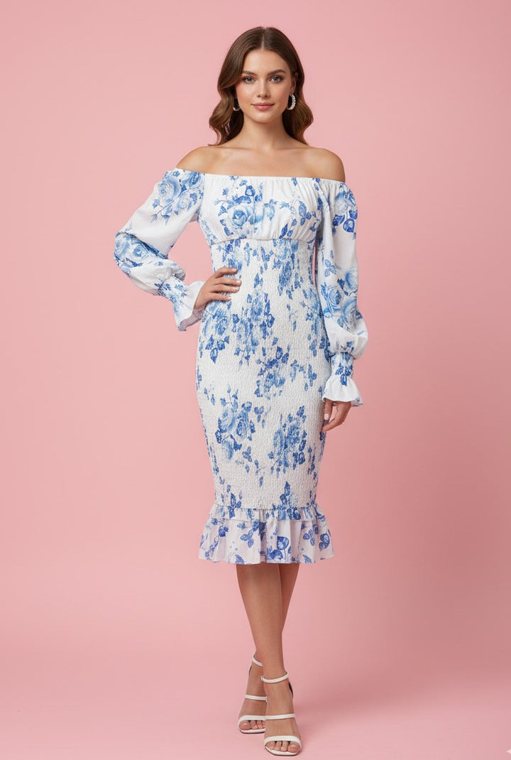 Blue Floral Print Off Shoulder Full Sleeve Dress