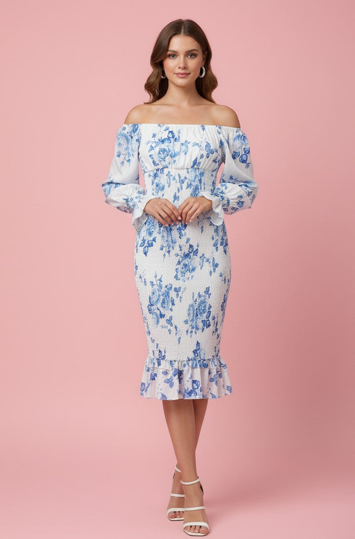Blue Floral Print Off Shoulder Full Sleeve Dress