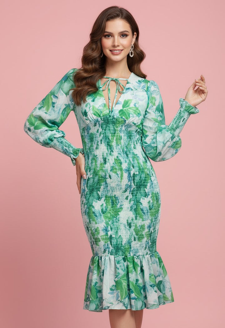 Green Floral Printed V Neck Dress