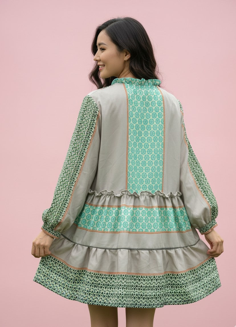 Green Abstract Print Front Buttoned Dress