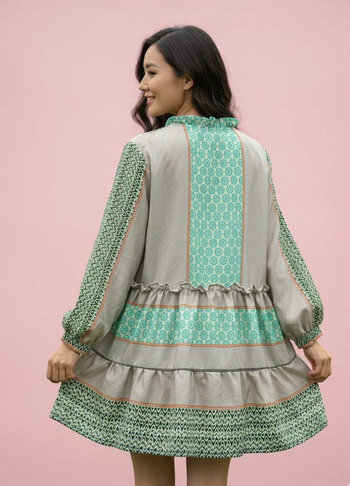 Green Abstract Print Front Buttoned Dress