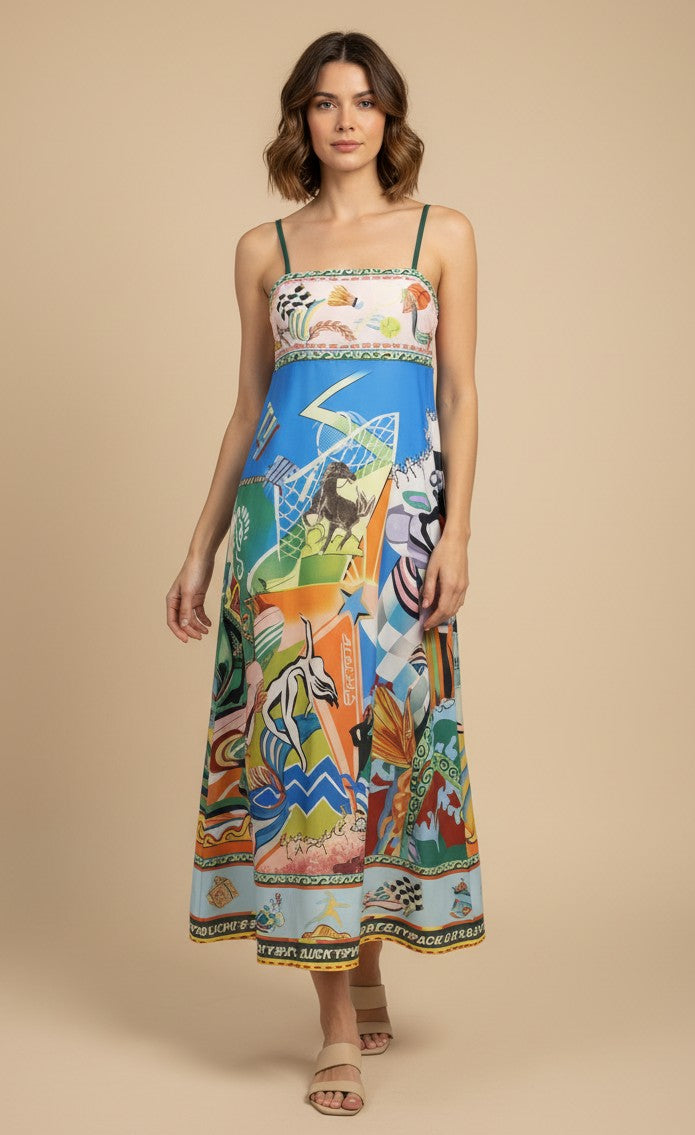 Multi Abstract Print Spaghetti Strap Flared Dress