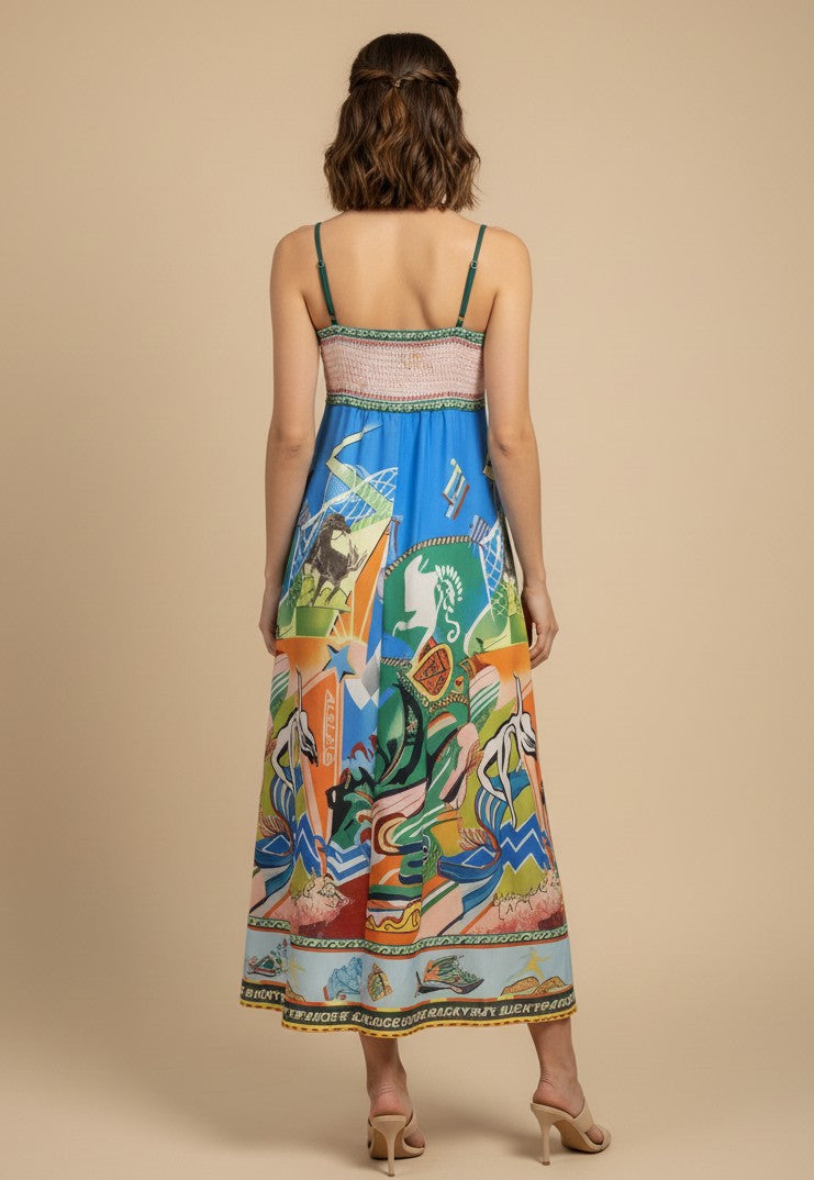 Multi Abstract Print Spaghetti Strap Flared Dress