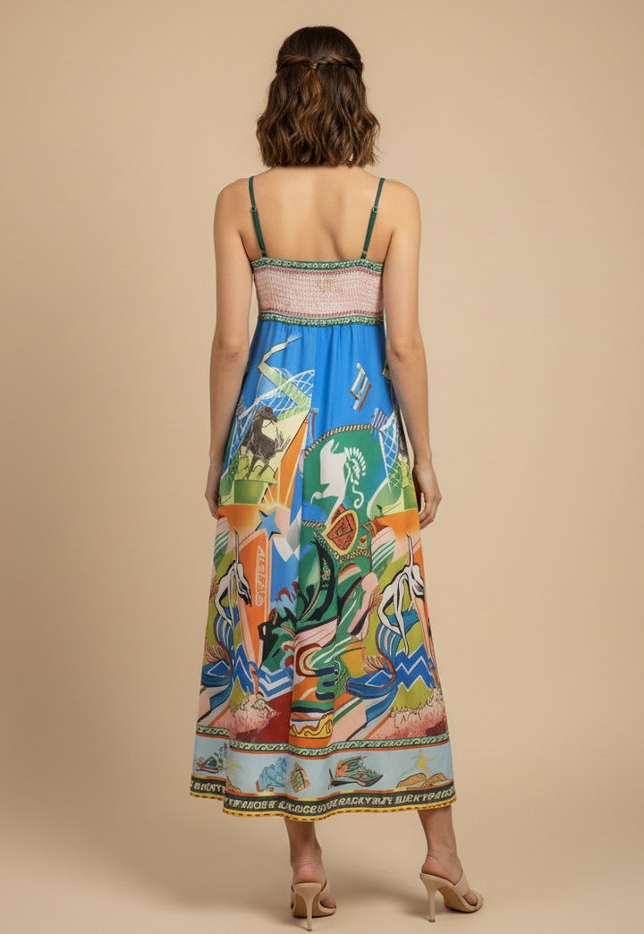 Multi Abstract Print Spaghetti Strap Flared Dress