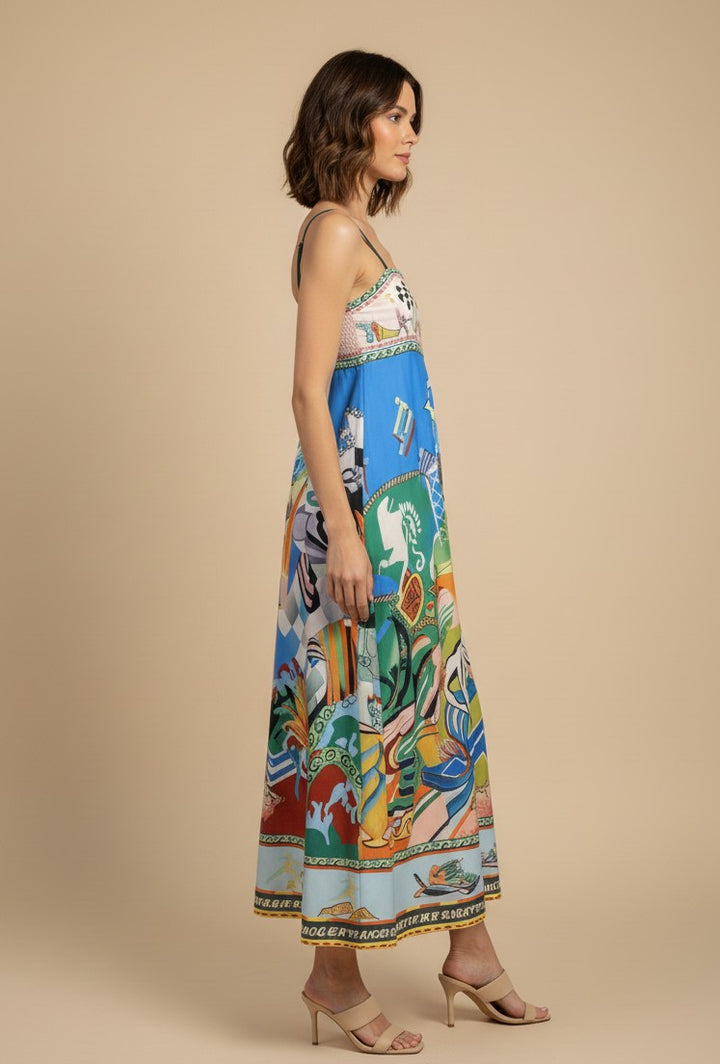 Multi Abstract Print Spaghetti Strap Flared Dress