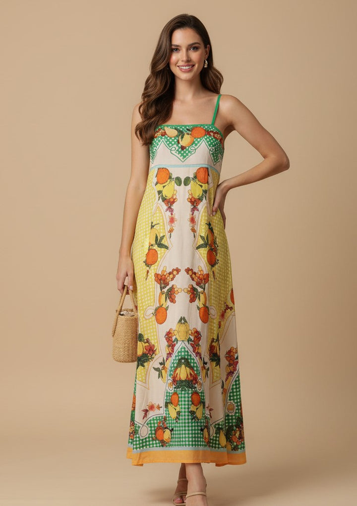 Multi Abstract Print Spaghetti Strap Flared Dress