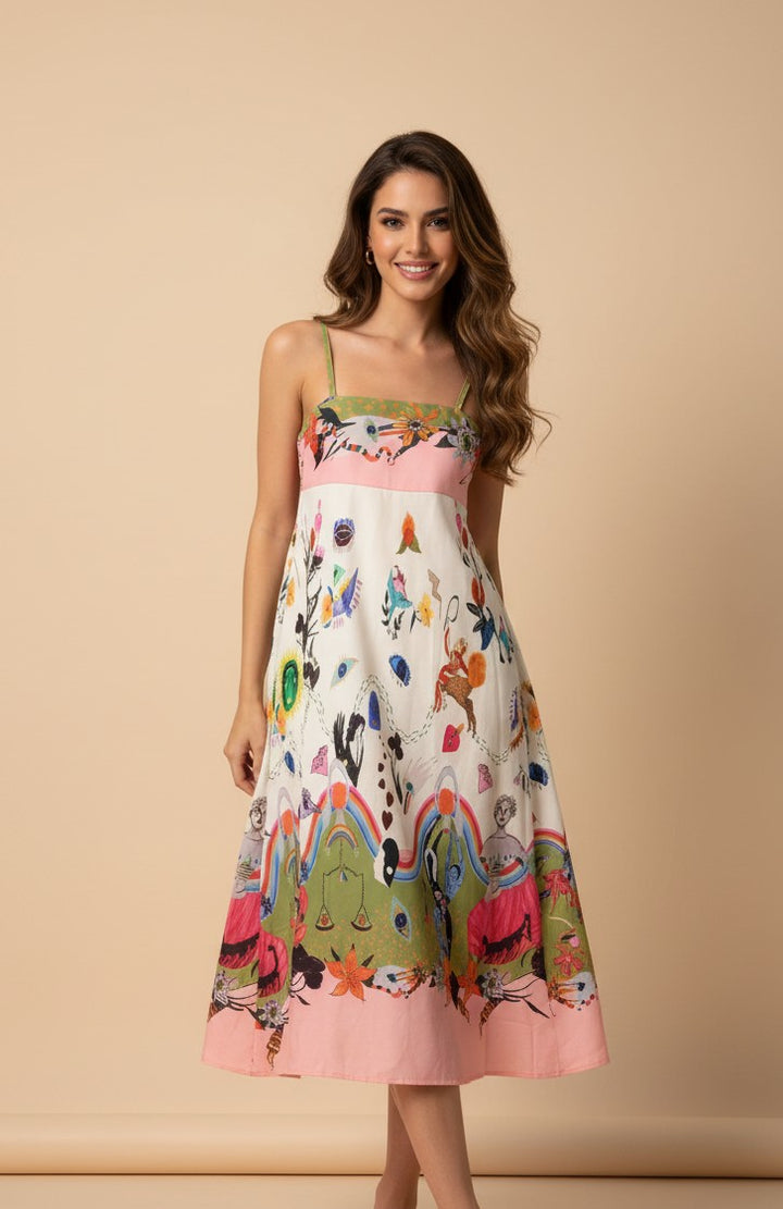 Multi Abstract Print Spaghetti Strap Flared Dress