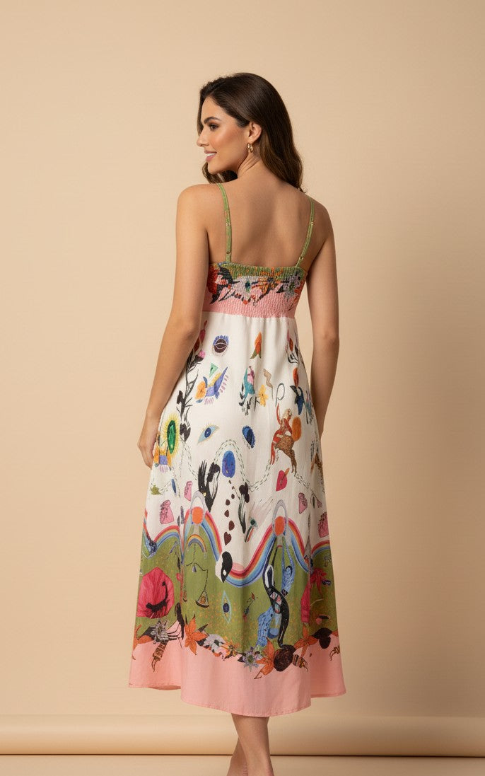 Multi Abstract Print Spaghetti Strap Flared Dress