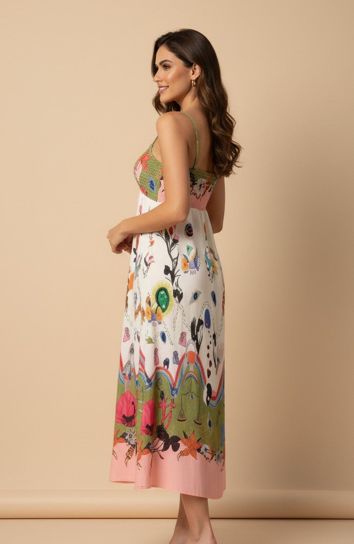 Multi Abstract Print Spaghetti Strap Flared Dress