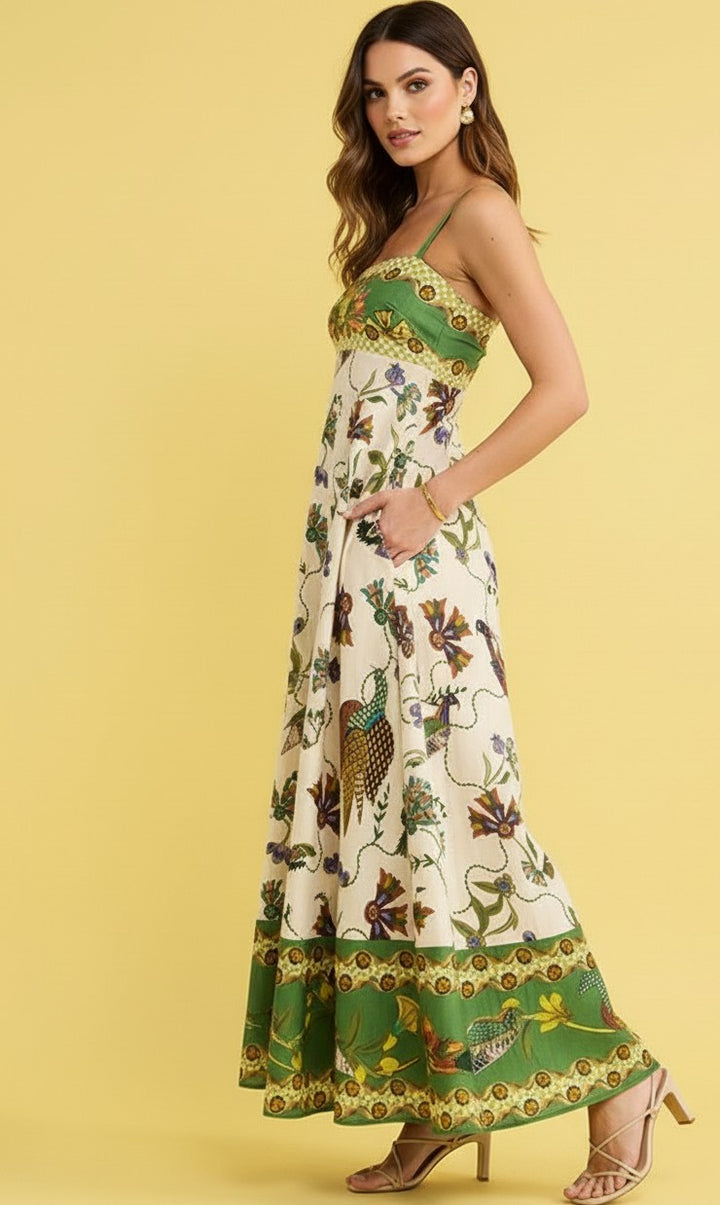 Multi Floral Print Spaghetti Strap Flared Dress