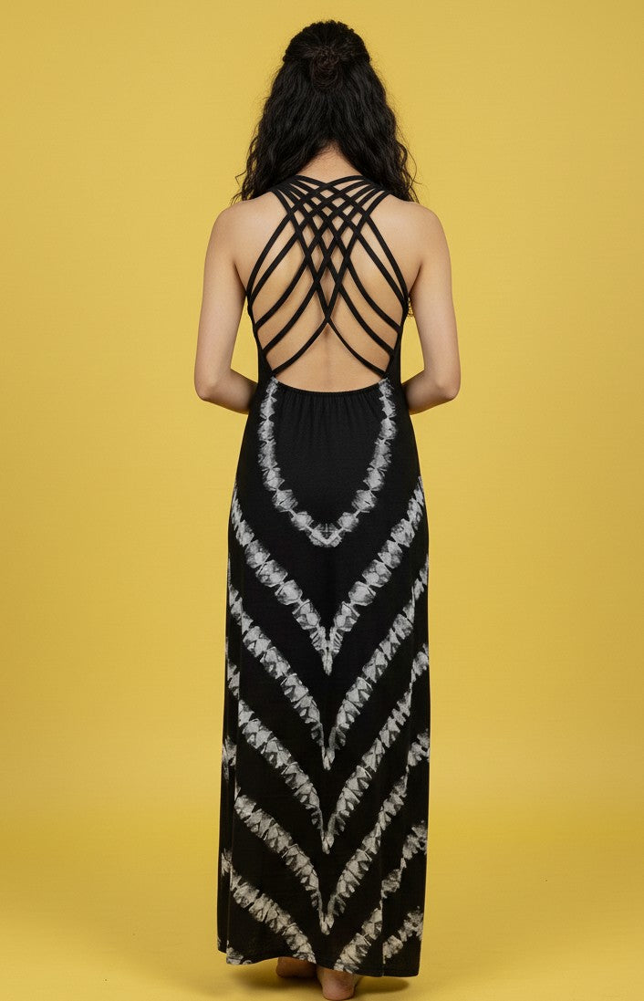 Black Shoulder Strap Tie-Dye Effect Dress