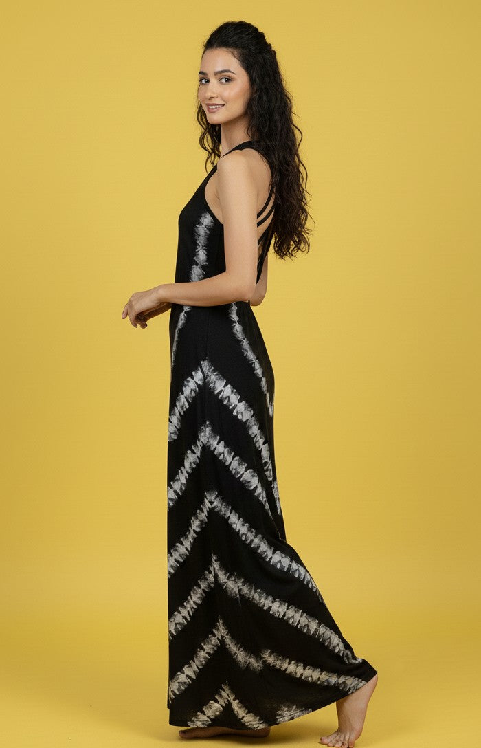 Black Shoulder Strap Tie-Dye Effect Dress