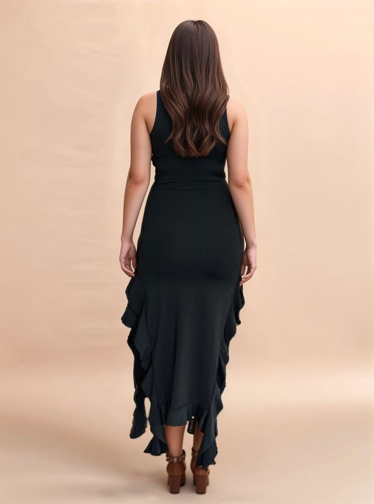 Black Ruffled Slit Maxi Dress
