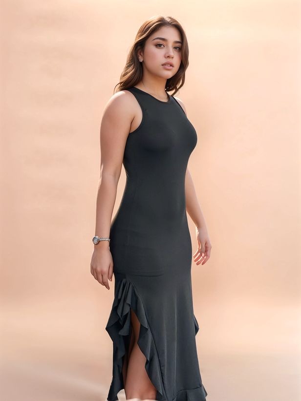 Black Ruffled Slit Maxi Dress