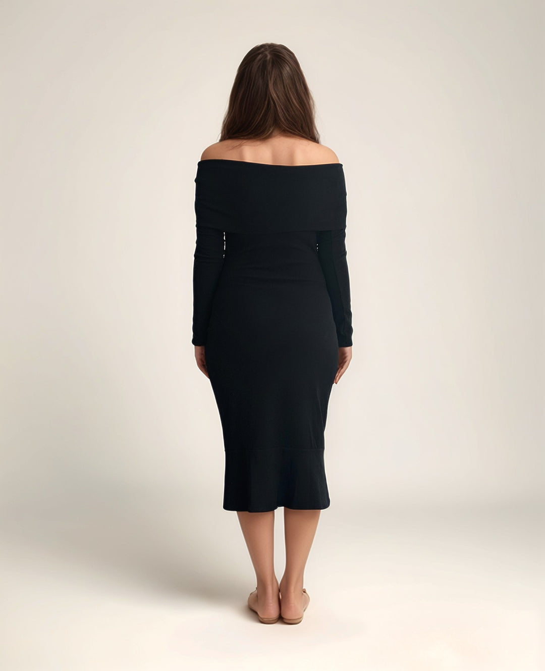 Solid Black Off-Shoulder Midi Dress