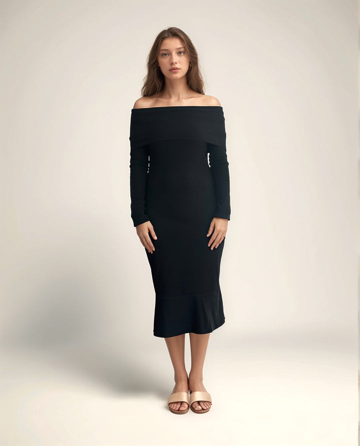 Solid Black Off-Shoulder Midi Dress