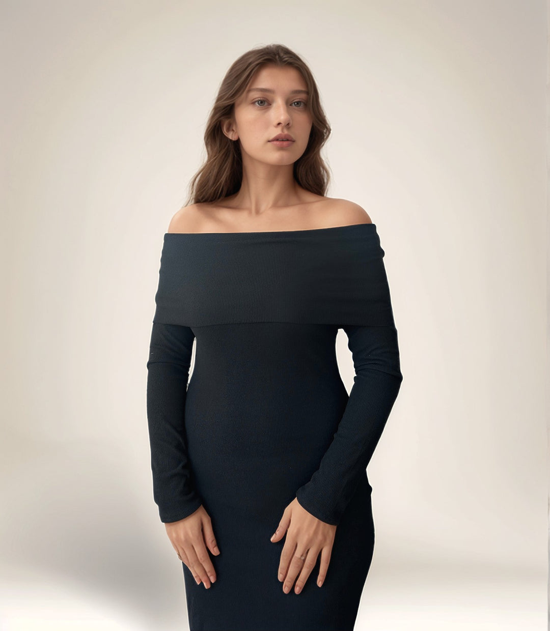 Solid Black Off-Shoulder Midi Dress