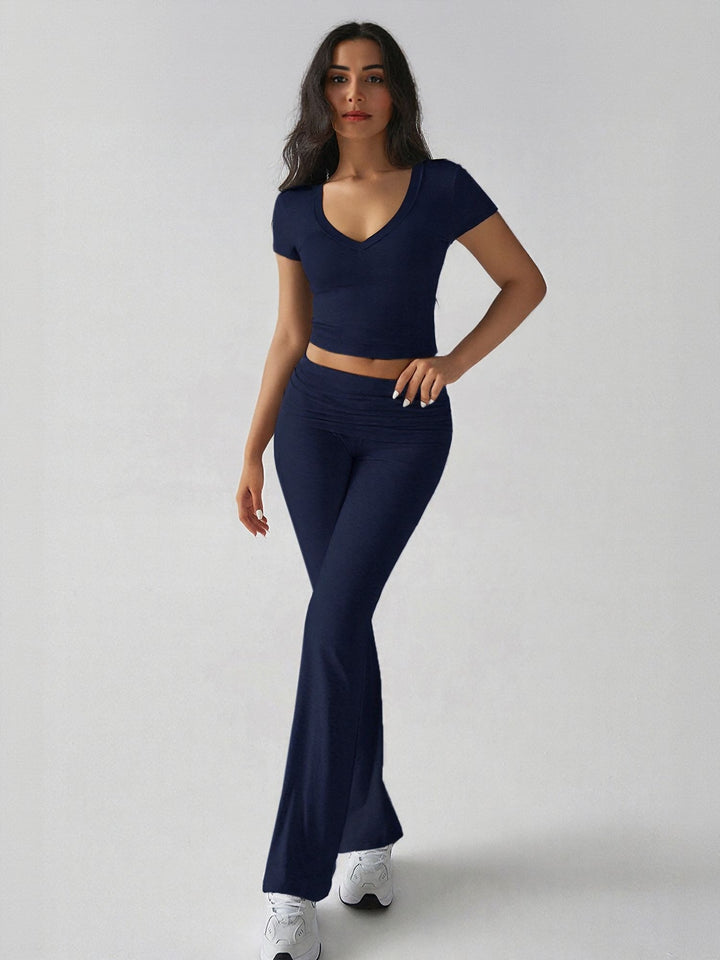 Navy Blue Crop Fitted Top Fit And Flare Pants