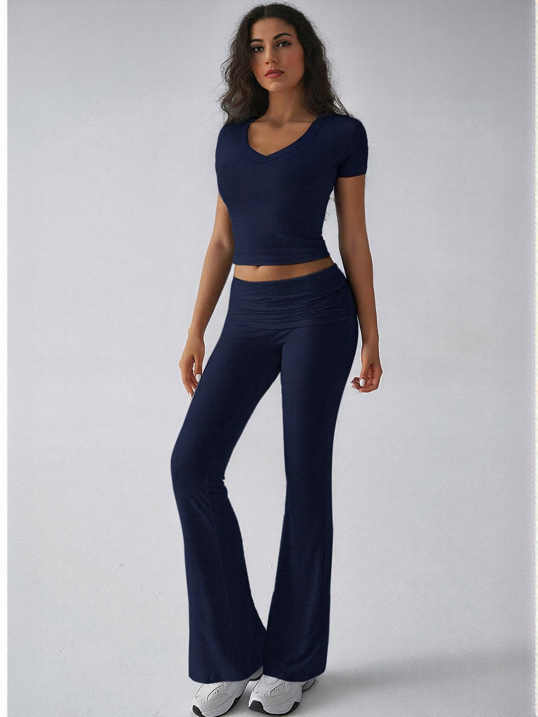 Navy Blue Crop Fitted Top Fit And Flare Pants