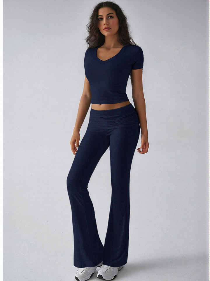 Navy Blue Crop Fitted Top Fit And Flare Pants
