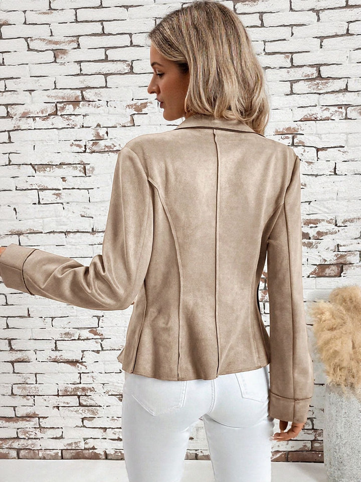 Beige Suede Blazer With Raw Edge Detail