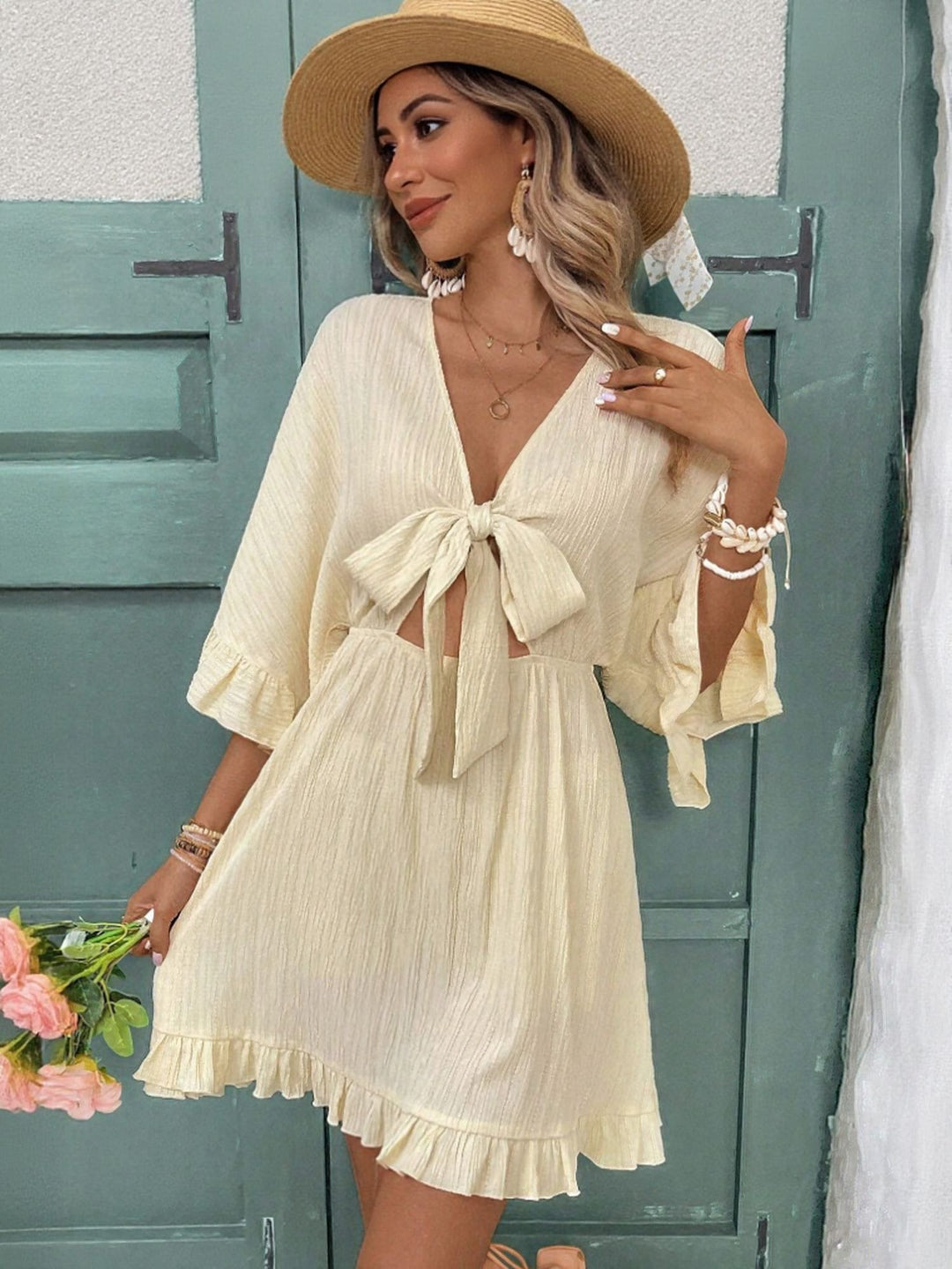 Cream Mini Dress With Front Tie Up Detail