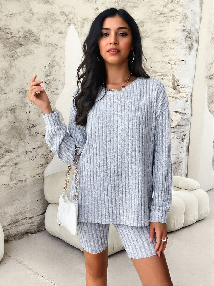 Grey Ribbed Co Ord Set With Cycling Shorts