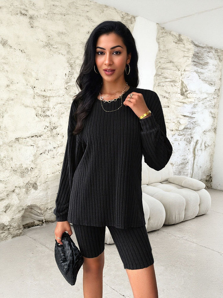 Black Ribbed Co Ord Set With Cycling Shorts