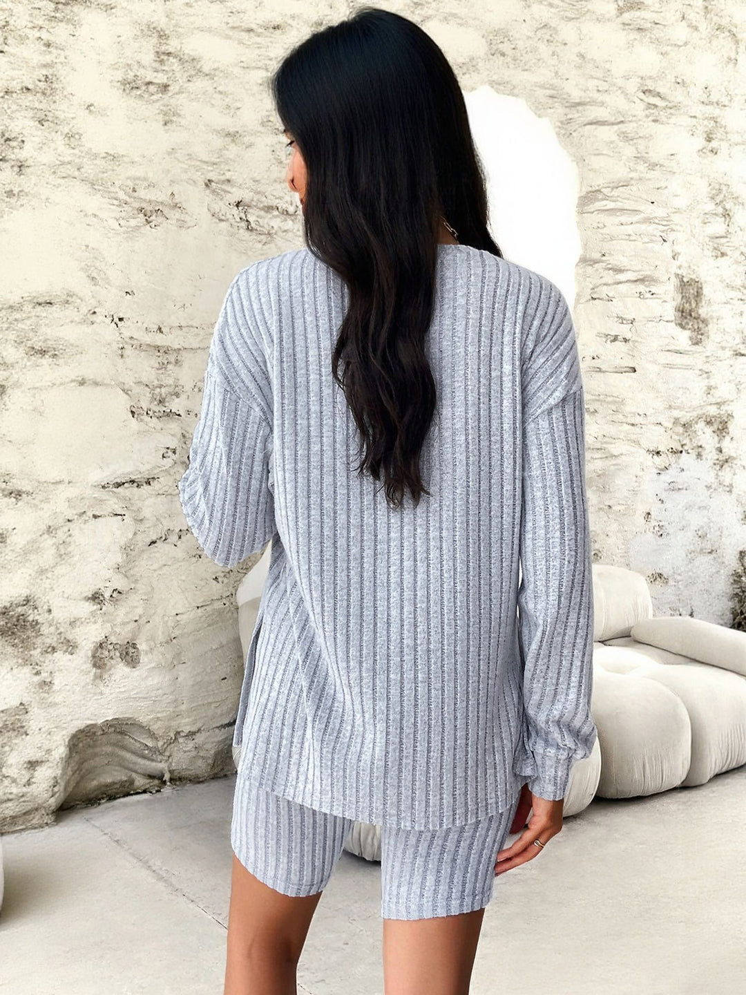 Grey Ribbed Co Ord Set With Cycling Shorts