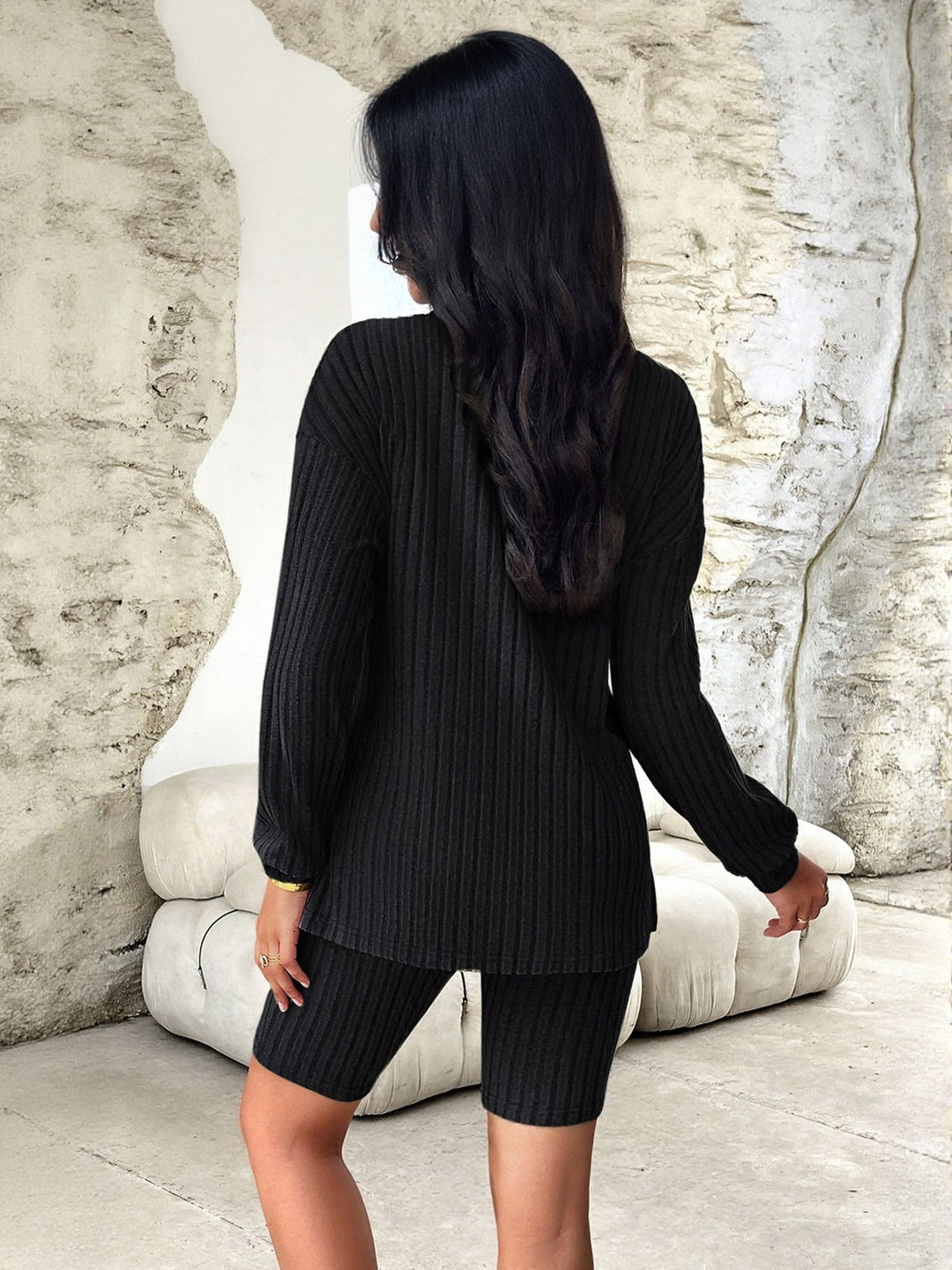 Black Ribbed Co Ord Set With Cycling Shorts