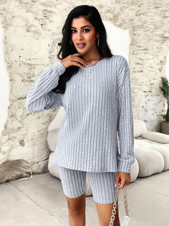 Grey Ribbed Co Ord Set With Cycling Shorts