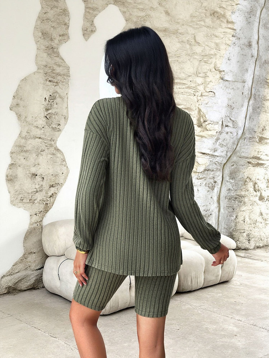 Olive Ribbed Co Ord Set With Cycling Shorts