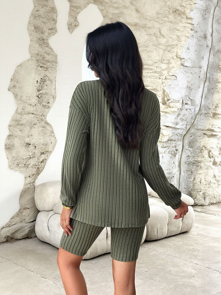 Olive Ribbed Co Ord Set With Cycling Shorts