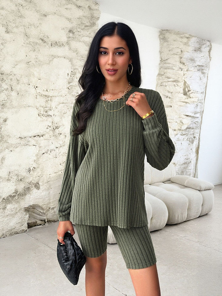 Olive Ribbed Co Ord Set With Cycling Shorts