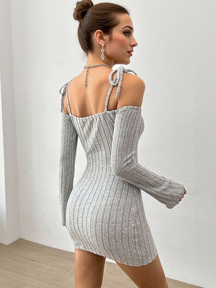 Grey Off Shoulder Full Sleeves Mini Dress With Straps On Shoulder