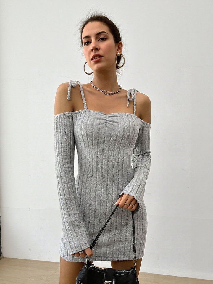 Grey Off Shoulder Full Sleeves Mini Dress With Straps On Shoulder