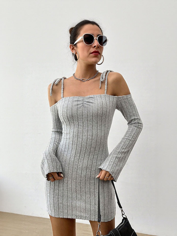 Grey Off Shoulder Full Sleeves Mini Dress With Straps On Shoulder
