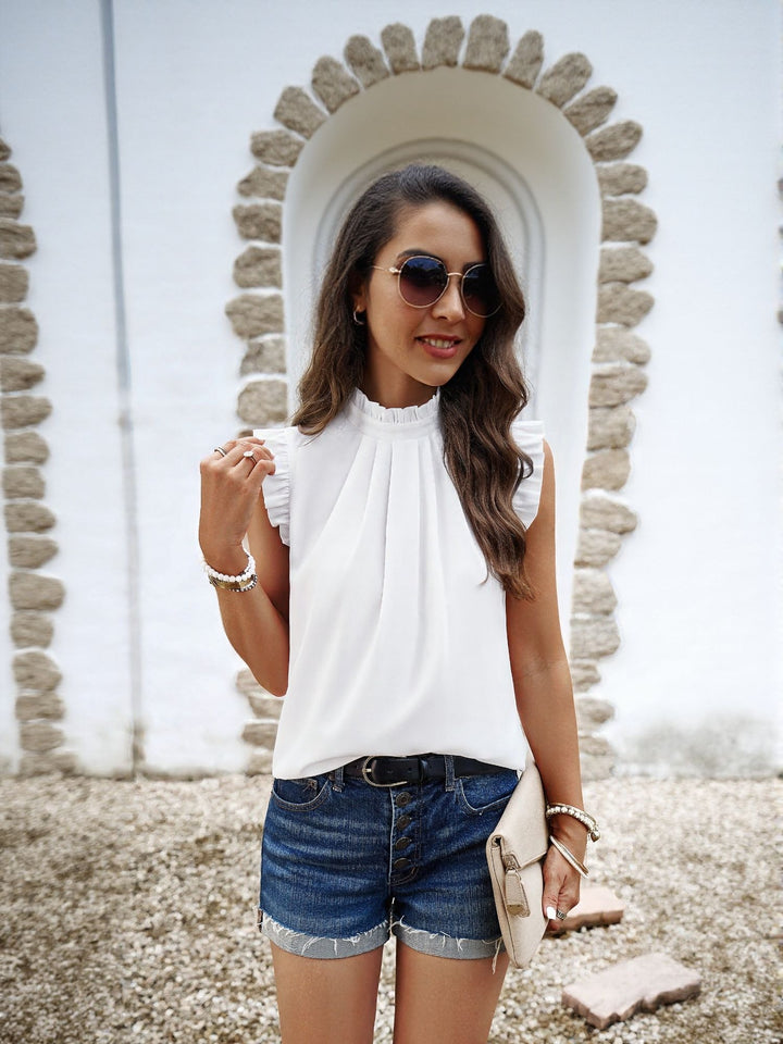 White High Neck Top With Ruffle Detail