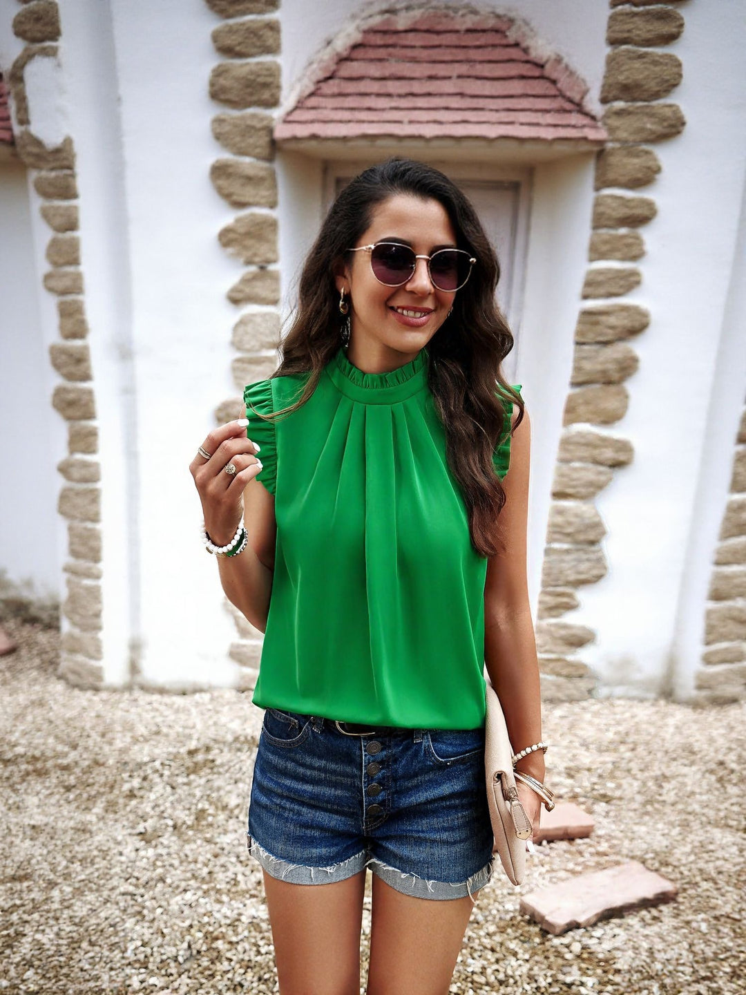 Green High Neck Top With Ruffle Detail