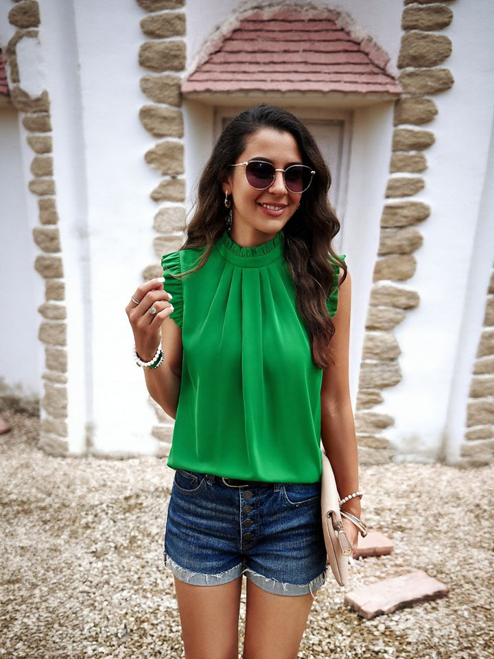 Green High Neck Top With Ruffle Detail