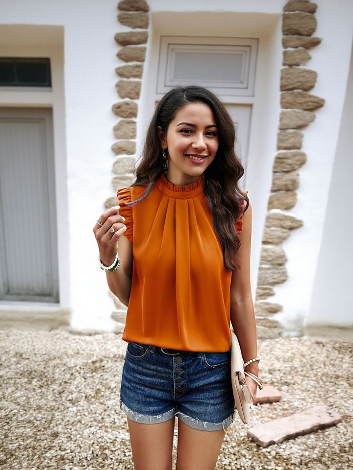 Orange High Neck Top With Ruffle Detail